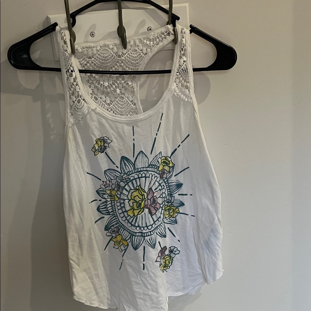 Hollister White Tank with Blue and Yellow Mandala Design